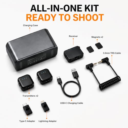 Wireless Lavalier Microphone for iPhone/Android/Camera, Mini Mic with 2 TX + 1 RX + Charging Case, Noise Cancelling, 48H Battery, 250M Range, Plug-Play for Content Creators/Vlogging Live Streaming - color: soot black
