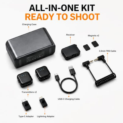 Wireless Lavalier Microphone for iPhone/Android/Camera, Mini Mic with 2 TX + 1 RX + Charging Case, Noise Cancelling, 48H Battery, 250M Range, Plug-Play for Content Creators/Vlogging Live Streaming - color: soot black