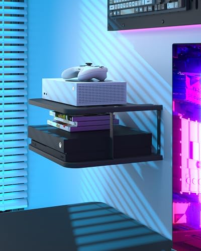 Black Projector Wall Shelf/Floating Under TV Game Double Shelf Stand for Xbox, Router/Entertainment Center, Projector Holder Accessories
