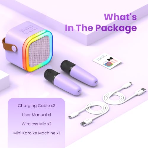 Mini Karaoke Machine, Portable Bluetooth Speaker & 2 Wireless Microphones | Karaoke Player Karaoke Microphone For Family Home Party Outdoor With HI-FI Sound | 5 Magic Sound | PA System | USB | TF | AUX - color: Light Purple