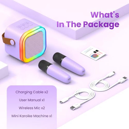 Mini Karaoke Machine, Portable Bluetooth Speaker & 2 Wireless Microphones | Karaoke Player Karaoke Microphone For Family Home Party Outdoor With HI-FI Sound | 5 Magic Sound | PA System | USB | TF | AUX - color: Light Purple