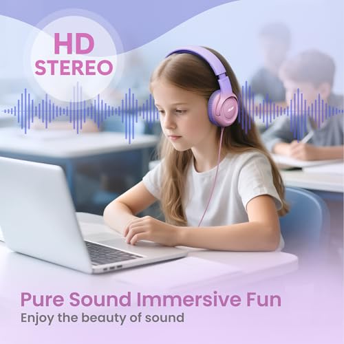 Acer Kids Headphones for School, 85-94dB Limiter, 3.5mm Jack, w/Mic HK03 | Foldable Wired Over Ear Headphones, for Toddler School/Travel/iPad/Tablet, Pink-Purple Gradient - color: Purple-Pink Gradient