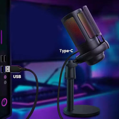 USB Gaming Microphone for PC with Color Lighting and Mute Functionality - color: Black