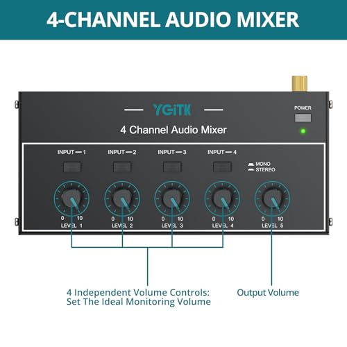 Mini Audio Mixer, 4 Channel Stereo Line Mixer 1/4" & 1/8" TSR Audio Output Input Jack, Line Mixer Stereo/Mono Independent Control and Switch for Guitars,Bass,Keyboards, Dynamic Microphone - size: Medium(4-channel)