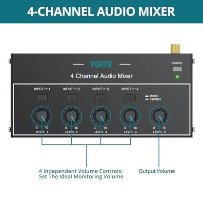 Mini Audio Mixer, 4 Channel Stereo Line Mixer 1/4" & 1/8" TSR Audio Output Input Jack, Line Mixer Stereo/Mono Independent Control and Switch for Guitars,Bass,Keyboards, Dynamic Microphone - size: Medium(4-channel)