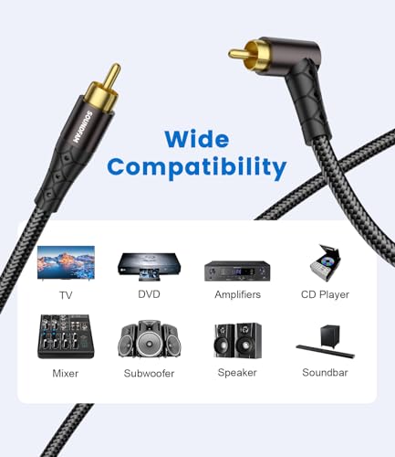 RCA Subwoofer Cable 6ft/2M 90 Degree RCA to RCA Cable Cotton Braided Double Shielded Digital Analogue Supports Amplifiers,Home Theater,Subwoofer (Black) - size: 6ft/2M, style: 90 Degree RCA to RCA