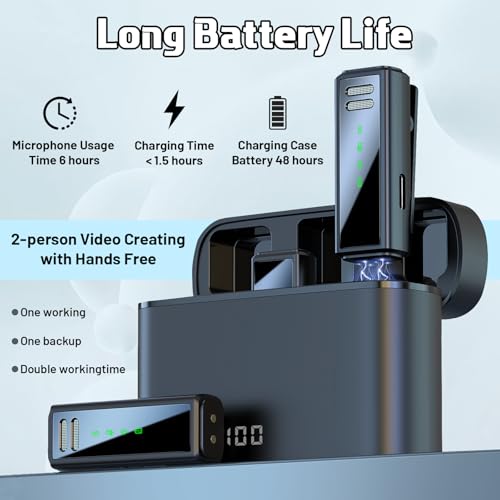 Wireless Lavalier Microphone with Noise Cancellation, 6 Hours of Battery, Wireless Mini Microphone for iPhone, Android, Record Interview, Vlogs
