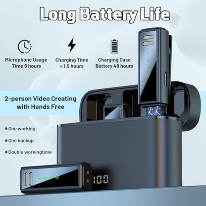 Wireless Lavalier Microphone with Noise Cancellation, 6 Hours of Battery, Wireless Mini Microphone for iPhone, Android, Record Interview, Vlogs