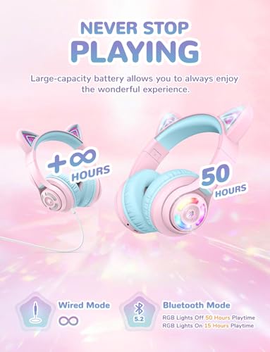 Cat Ear Bluetooth Headphones by iClever | SafeSound Tech, 50H Playtime, USB C Charging, AUX Cable, Stereo Sound, Kids Headphones Wireless with Mic for Tablet, Pink - color: Pink