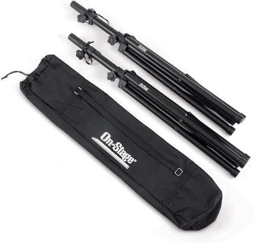 On-Stage SSP7900 All-Aluminum Speaker Stand Pack (Pair of Folding, Portable Stands, Tripod Base, Carry Bag, Height Adjustable, Nonslip Rubber Feet, 1 3/8″ Mounting Poles, 1 1/2″ Adapters, Black)