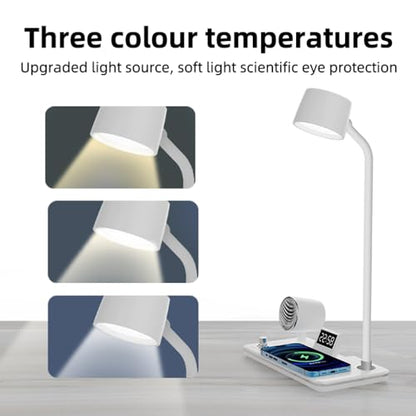 IHAO Smart LED Desk Lamp with Wireless Charger & Bluetooth Speaker, 15W Fast Charging Station for Phone & Earbuds Touch Control 3 Light Modes Alarm Clock Adjustable Eye-CareTable Lamp-HYT1772 Black - color: Table Lamp 4in1 with bluetooth speaker HYT1772 B