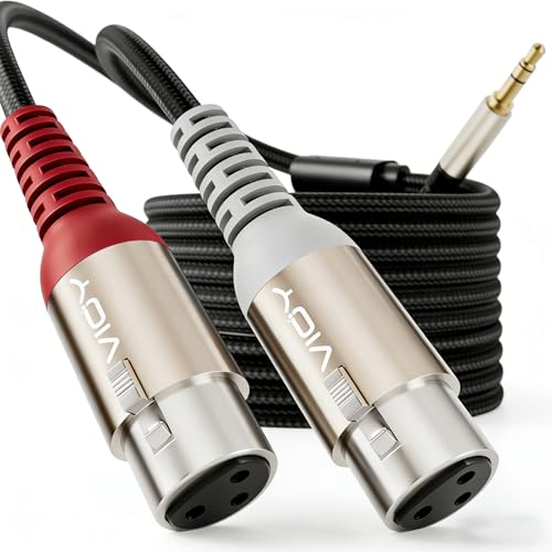 VIOY 3.5mm TRS to Dual XLR Female Cable, Unbalanced Microphone Cord, 10 FT | multi-layer shielding noise reduction, nylon braided mic Y splitter, splits stereo signal to L/R mono XLR channels - size: 10FT