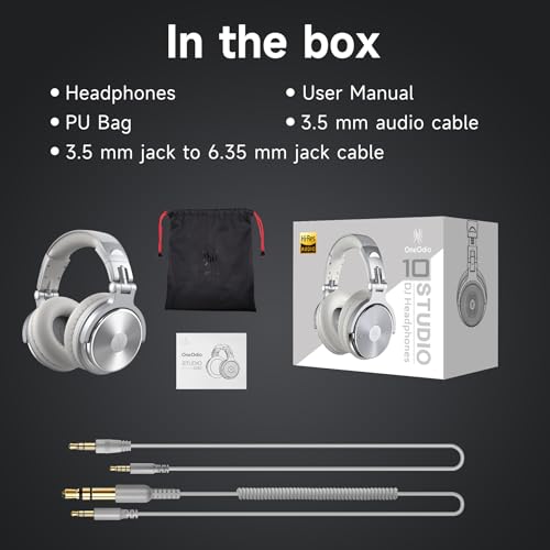 OneOdio Over Ear Headphone, Wired Bass Headsets with 50mm Driver, Foldable Lightweight Headphones with Share Port and Mic for Recording Monitoring Mixing Podcast Guitar PC TV (Silver)