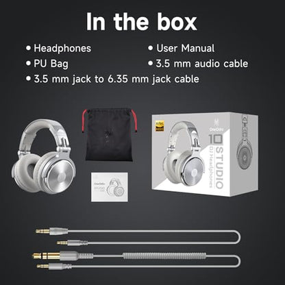 OneOdio Over Ear Headphone, Wired Bass Headsets with 50mm Driver, Foldable Lightweight Headphones with Share Port and Mic for Recording Monitoring Mixing Podcast Guitar PC TV (Silver)