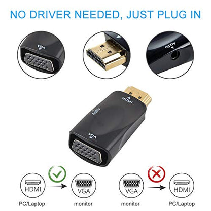 Guamar HDMI to VGA Adapter Converter with 3.5mm Audio Jack Cable for Older Monitor TV Computer Laptop PC Projector Desktop - 1080P HDMI Male to VGA Female Display Gold-Plated