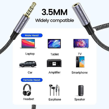 MOSWAG 13.12FT 3.5mm Male to Female Extension Cable with Microphone Stereo - color: Black, size: 13.12 ft
