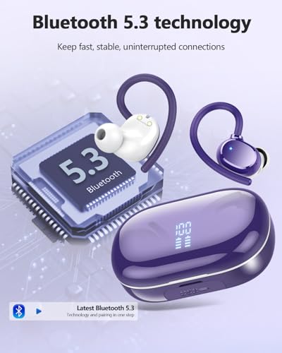 hadbleng Wireless Bluetooth Earbuds Sport 128H Playtime Bluetooth 5.3 Headphones with LED Display Powerful Bass Over Ear Earphones with Earhooks IP7 Waterproof - color: Dark purple