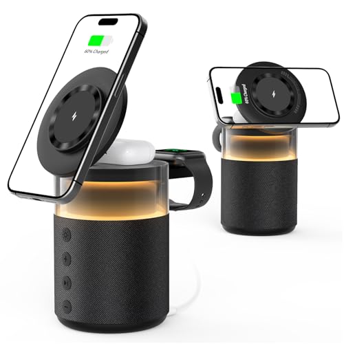 5-in-1 Wireless Charging Station with Bluetooth Speaker,Magnetic Charger with Night Light,Charger Stand with 33W Adapter Compatible with Apple Watch&iPhone 16 15 14 13 12 Pro Max&Wireless Earbuds