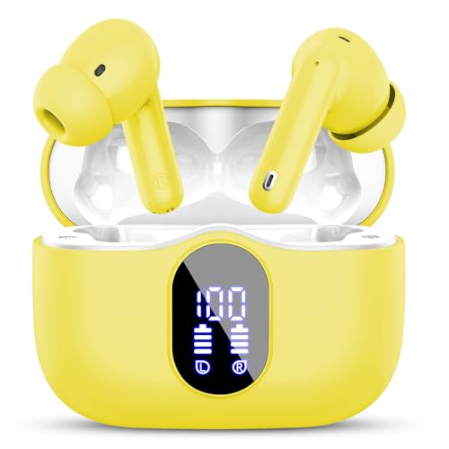 Wireless Earbuds, Bluetooth 5.4 Headphones Bass Stereo/Clear Calls, Yellow | Ear Buds with Noise Cancelling Mic LED Display in Ear Earphones IP7 Waterproof 36H Bluetooth Earbuds for Phones/Sport/Laptop - color: Yellow