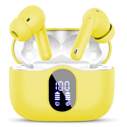 Wireless Earbuds, Bluetooth 5.4 Headphones Bass Stereo/Clear Calls, Yellow | Ear Buds with Noise Cancelling Mic LED Display in Ear Earphones IP7 Waterproof 36H Bluetooth Earbuds for Phones/Sport/Laptop - color: Yellow