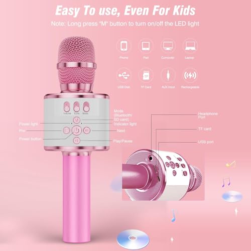 BONAOK Karaoke Microphone for Kids & Adults - Bluetooth Microphones Singing Mic with Disco Lights, Echo Effect, Built-in Speaker Portable Karaoke Player for Party Travel Gifts Q78(Light Pink) - color: Light Pink