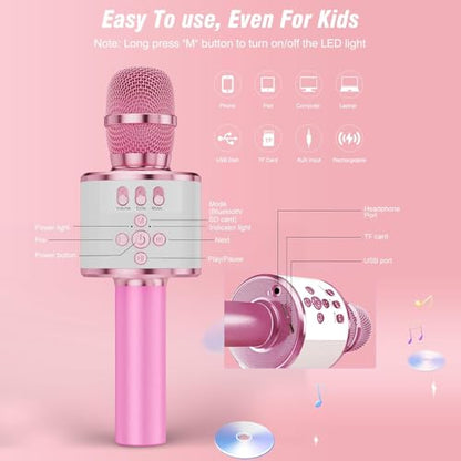 BONAOK Karaoke Microphone for Kids & Adults - Bluetooth Microphones Singing Mic with Disco Lights, Echo Effect, Built-in Speaker Portable Karaoke Player for Party Travel Gifts Q78(Light Pink) - color: Light Pink