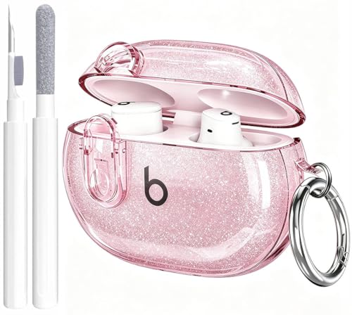 Compatible wiht Beats Studio Buds/Studio Bud Plus Case Cover Clear 2021/2023 Lock Clip, Protective Case and Cleaning Pen for Women Girls Kids -Glitter Clear Pink - color: Pink Glitter