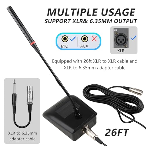 Desktop Gooseneck Conference Microphone Wired with 48V Phantom. Table Mounted Corded Condenser XLR Microphone with 26ft XLR Male to Female Cable and 6.35mm Adapter Cable for Speake, Studio, Recording