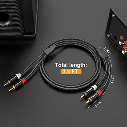 HOSONGIN RCA Cables 3.3ft 2 Pack[Hi-Fi Sound, Nylon Braided, Shielded], 2-Male to 2-Male RCA Audio Stereo Subwoofer Cable Auxiliary Cord for Home Theater, HDTV, Amplifiers, Hi-Fi Systems, Speakers - size: 3.3FT-2Pack