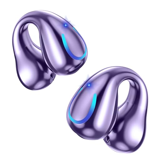 Ultra Open Ear Headphones Bluetooth 5.3 Wireless Bone Conduction Clip On Earbuds with Digital Display Charging Case 60 Hours Playtime Sport Earphones IPX7 Waterproof for Running Fitness Purple