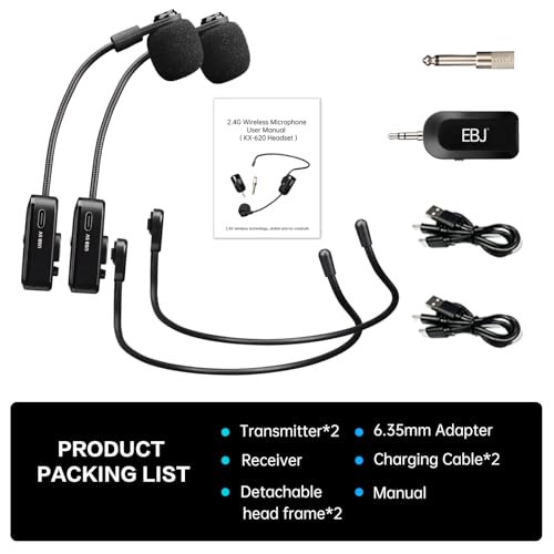 EBJ 2.4G Wireless Headset Mic and Handheld Mic 2 in 1, 30m Stable Transmission, Dual Type-c USB Charging, Compatible with Speakers, Voice Amplifier, PA System (KX-620-2)