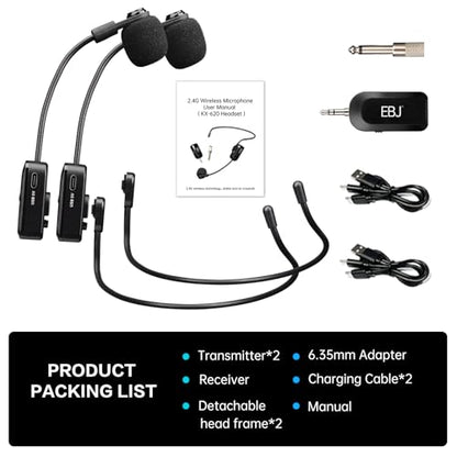 EBJ 2.4G Wireless Headset Mic and Handheld Mic 2 in 1, 30m Stable Transmission, Dual Type-c USB Charging, Compatible with Speakers, Voice Amplifier, PA System (KX-620-2)