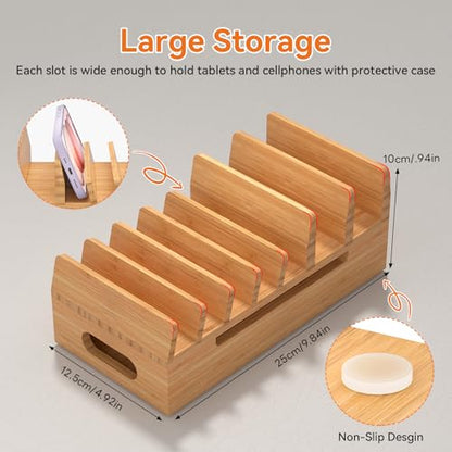 Pezin & Hulin Bamboo Charging Station for Multiple Device Phone Watch Stand | 100% natural bamboo, heavy stable base, non-slip pads, hidden cable compartment, 7 slots, 5 cables included. No USB HUB