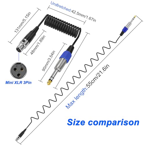 XMSJSIY Mini XLR to 6.35mm 1/4"TRS Audio Microphone Coiled Cable-0.5M/1.6FT | 6.35mm Stereo Plug to Mini XLR 3-Pin Female Balanced Headphone Sprial Coiled Cable Cord for Mixer Guitar Mixer - style: mini XLR 3pin