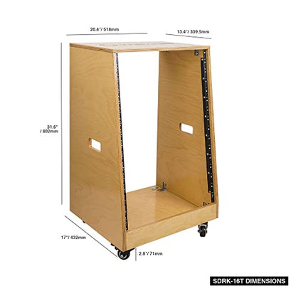 Sound Town DIY Solid Baltic Birch Plywood Slanted 16U Studio Rack, Golden Oak, Rubber Feet, Casters (SDRK-16T) - size: 16U,Golden Oak