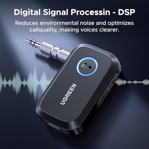 UGREEN Bluetooth 5.4 Car Adapter, Hands-Free Call & Noise Cancelling AUX to Bluetooth Adapter for Car, 3.5mm Audio Blue-Tooth Receiver for Cars Stereo Home Speaker - 15H Battery Life - color: Black