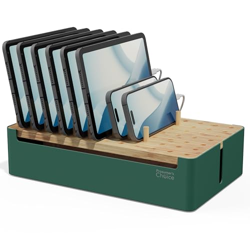 Prosumer's Choice Bamboo Charging Station - Multi Charger Station Organizer - Desk Docking Station for Phones, Tablets, Laptop - Wooden Charging Station with Removable Dividers - Cables Not Included - color: Metal & Bamboo Green