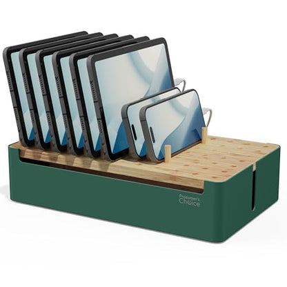 Prosumer's Choice Bamboo Charging Station - Multi Charger Station Organizer - Desk Docking Station for Phones, Tablets, Laptop - Wooden Charging Station with Removable Dividers - Cables Not Included - color: Metal & Bamboo Green