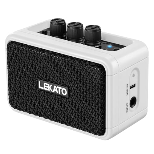 LEKATO Mini Guitar Amplifier AG-04, Dual Speakers 5W, Rechargeable Electric Guitar Amp Bluetooth with Clean Overdrive, 6H Working, Headphone Jack, Wireless Portable Small Amp for Practice (White) - color: White