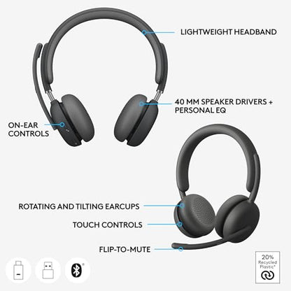 Logitech Zone 950 Premium Noise Canceling Headset Hybrid ANC - Graphite | Premium noise canceling, hybrid ANC, USB-C, USB-A, certified for Zoom, Google Meet, Google Voice, Fast Pair