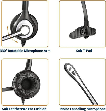 Wantek Phone Headset with Microphone Noise Cancelling & Mute Switch | RJ9 Telephone Headsets Compatible with Office Landline Phones CISC 6851 6945 7841 7861 7942 7945 7961 7962 7965 8811 - color: black/silvery