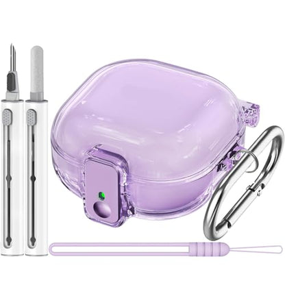 Inesore Case for Samsung Galaxy Buds FE/Buds 2/Pro/Live (Purple) | Safety Lock Design Prevents Loss, Clear Anti-Yellow PC Shell, 3-in-1 Cleaning Tool, Metal Clasp, Silicone Lanyard - color: A1-Purple