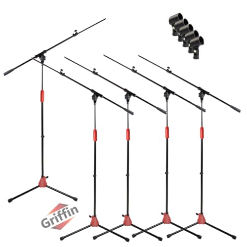 GRIFFIN 5 Pack Mic Boom Stands with Telescoping Arms & Microphone Clips (StageLOCK Series) – Adjustable Tripod Mounts for Studio, DJ, Karaoke Use