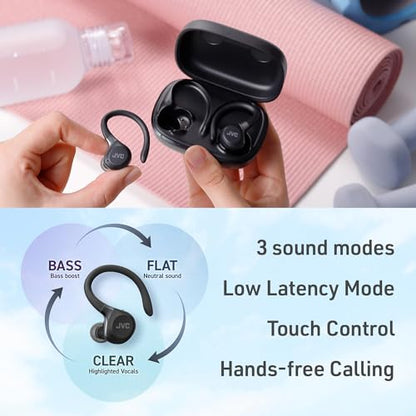 JVC Fitness Series HAEC75TB True Wireless Sport Earbuds, Black | Adjustable Hooks, Active Noise Cancelling, Ambient Sound Mode, IP57 Waterproof, 40hr Long Battery Life - color: Black