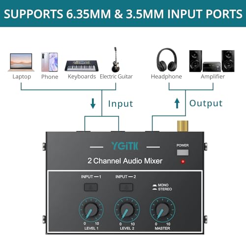 Mini Audio Mixer, 2 Channel Stereo Line Mixer 1/4" & 1/8" TSR Audio Output Input Jack, Line Mixer Stereo/Mono Independent Control and Switch for Guitars,Bass,Keyboards, Dynamic Microphone - size: Small(2-channel)