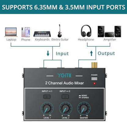 Mini Audio Mixer, 2 Channel Stereo Line Mixer 1/4" & 1/8" TSR Audio Output Input Jack, Line Mixer Stereo/Mono Independent Control and Switch for Guitars,Bass,Keyboards, Dynamic Microphone - size: Small(2-channel)