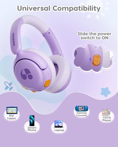 awatrue Kids Bluetooth Headphones, 85dB Volume Limiter, Purple HK02 | Foldable Wireless, Bluetooth 5.4, 75H Playtime, Built-in Mic, for iPad & Travel - color: Purple