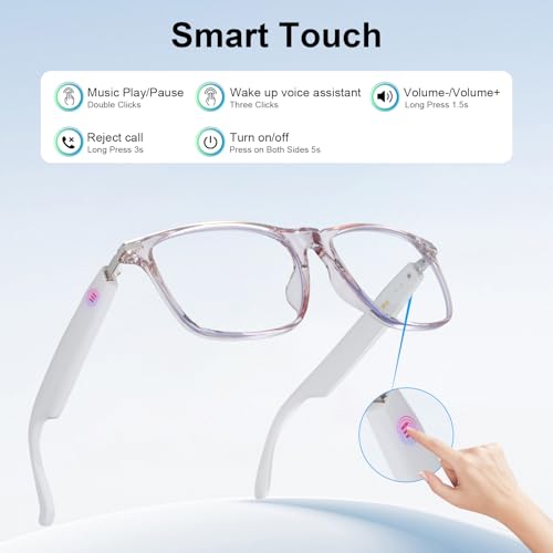 Smart Glasses for Women Clear Gray Frame Open-Ear Bluetooth Glasses | Built-in Mic and Speaker, Photochromic Lenses, Touch Control Hands Free Call, Voice Assistant Compatible with Android & IOS - color: Gray