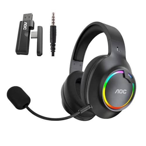 AOC Over-Ear Wireless Gaming Headset with Detachable Noise Cancelling Mic | Bluetooth 6.0 & 2.4GHz, RGB Lighting, Compatible with PS5, PS4, PC, Xbox, Switch