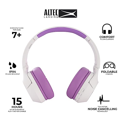 Altec Lansing Kid Safe Noise Cancelling Wireless Headphones 15H Battery, 85dB Volume Limit, Foldable Design Powerful Sound, Active Noise Cancellation Perfect for Kids Ages 7+ - color: Purple